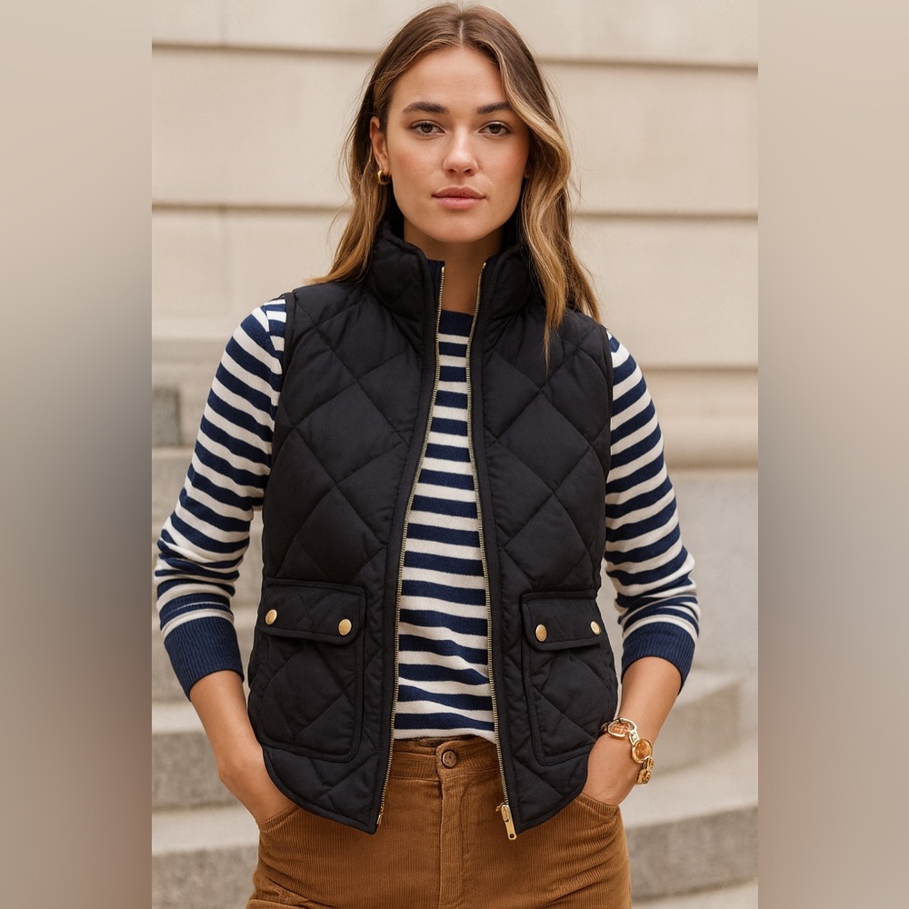 J. Crew Black Quilted Vest Down Filled Puffer Insulated Layer Preppy Gold zipper
